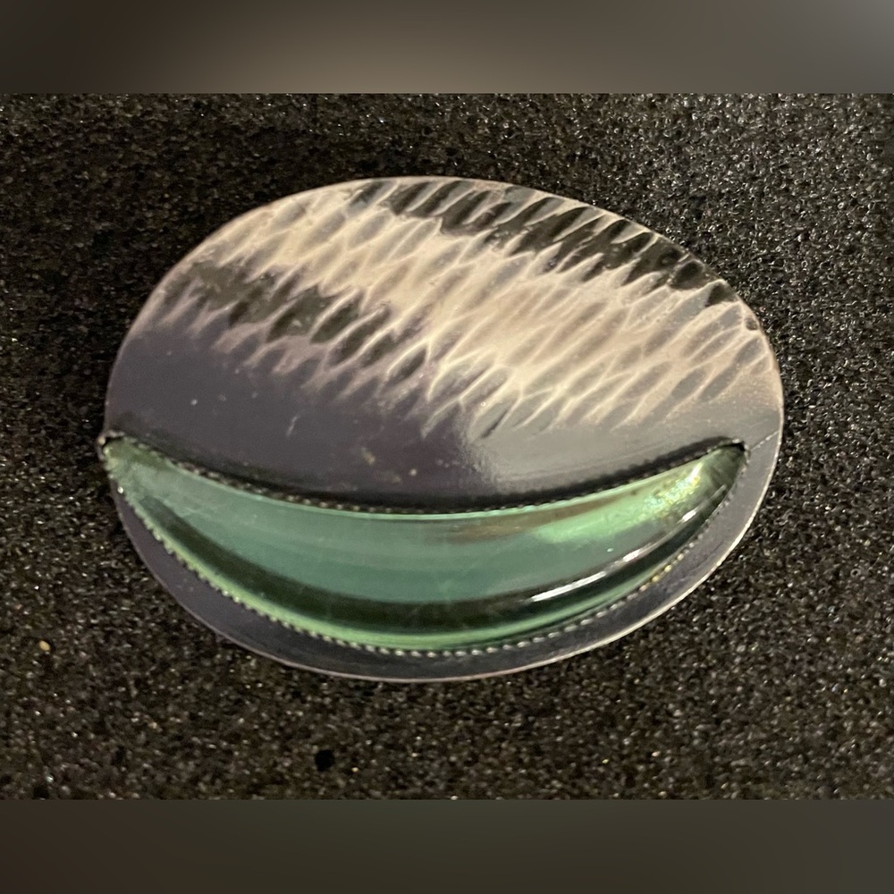 Vintage Round Silver/Black Metal & Green Brooch *see Description*